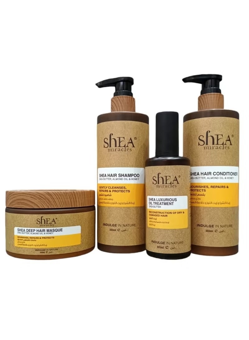 Shampoo 300 ml Conditioner 300 ml Mask 300 ml Hair Oil 100 ml With Shea Butter Almond Oil and Honey Extract Suitable for Damaged and Very Dry Hair.